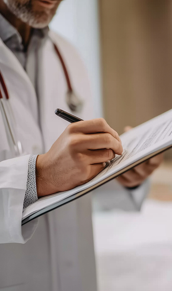 Clinician documenting patient notes on a chart